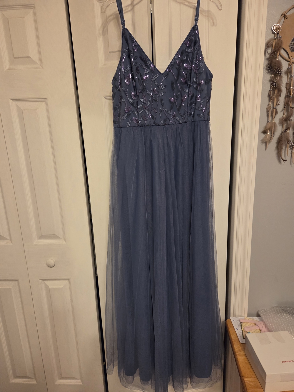 Women's Blue Embellished Tulle Dress with Spaghetti Straps